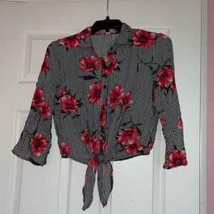 Floral Black and White Striped Button Up Shirt